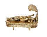 Brass Vishnu Yoga Nidra statue side view, ornate platform and cobra hood