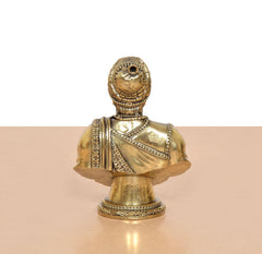 Bronze Shivaji Maharaj statue back view, ornate base and draped shoulder cloth