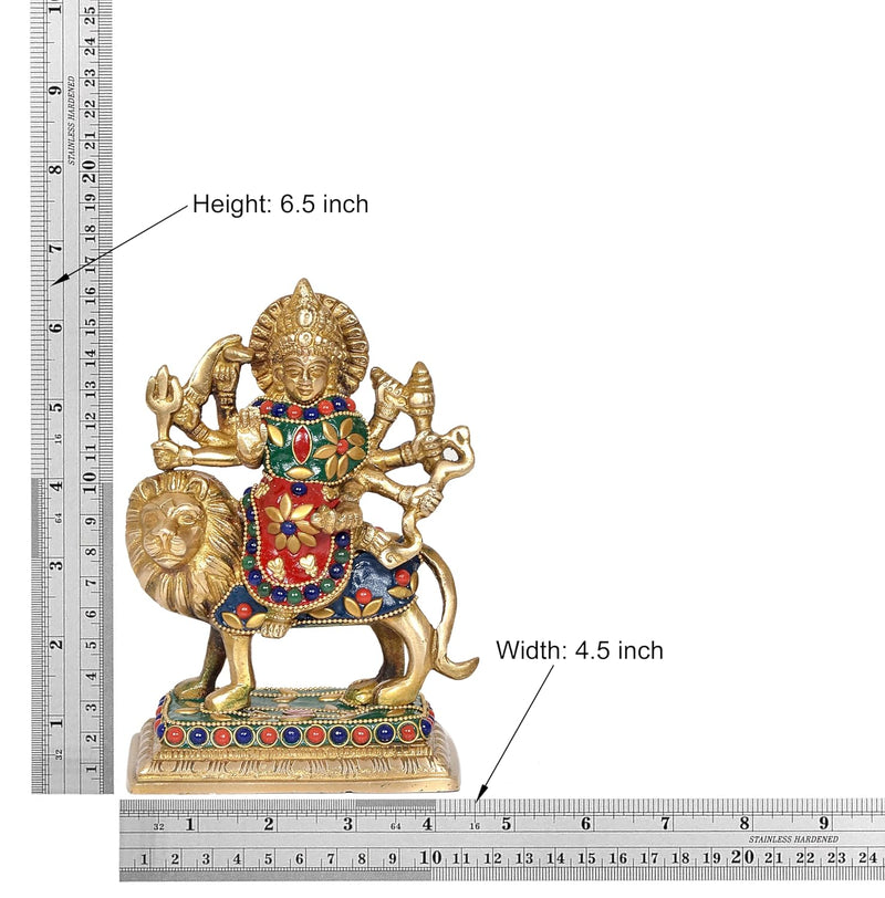 Brass Durga Maa with Lion Idol Hindu Goddess Sherawali MATA Murti MATA Rani Statue Figurine Home Temple (Height: 6.5 Inch)