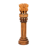 Wooden Ashoka stambh, 6-inch carved lion top on pedestal