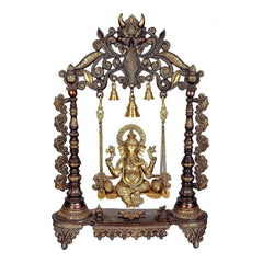 Brown brass Ganesha swing with ornate arch, hanging bells and seated Ganesha figurine