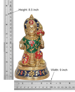 Brass Hanuman Ji idol statue, height 8.5 in, width 9 in, green tunic and red accents