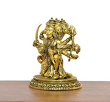 Golden brass Panchmukhi Hanuman statue, three-quarter view, detailed ornaments and weaponry