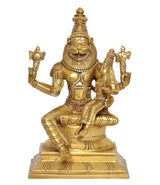 Brass Lakshmi Narasimha statue, front view with detailed crown and ornaments