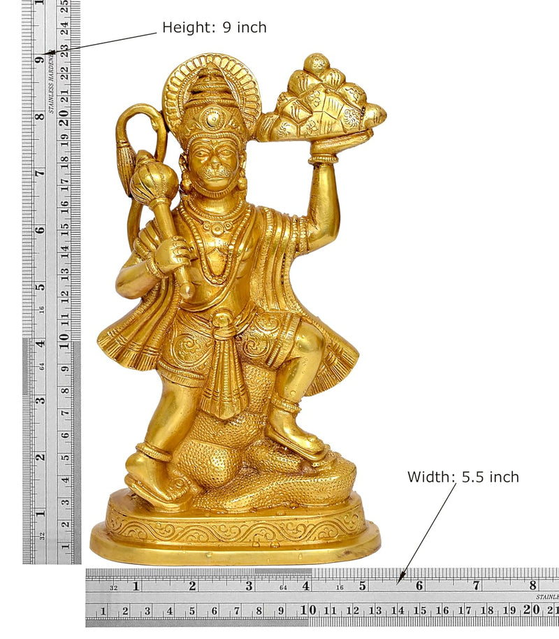 Brass Hanuman JI with Mountain Statue Idol Sculpture Statue Home Decor (Height: 9 Inch)