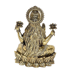 Brass Lakshmi statue idol, rear view showing halo crown and draped hair, 5-inch