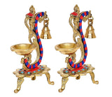 Brass peacock oil lamp stand pair with two bowls, decorative base and blue-red striped body