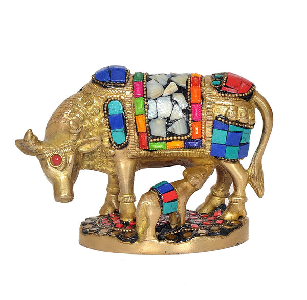 Brass Kamdhenu Cow with Calf for Home Decor Pooja Mandir Temple Office Decorative Showpiece Statue (Height: 4 Inch) (Multicolor 1)