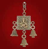 Gold-toned Lakshmi-Ganesh wall hanging with bell charms and ornate hanging rings