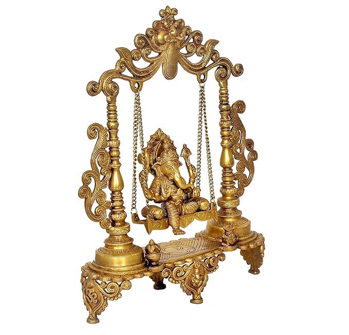 Brass Ganesha on a Swing with Kirtimuka On Top Holding Brass Chain Height 20 Inches (Gold)