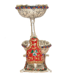 Silver elephant dry fruit holder with red-and-gold jeweled body and two ornate bowls