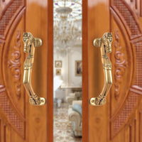 Brass horse head door handle with arched lever and end mounting plates