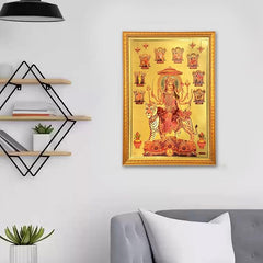 Framed Maa Nav Durga foil poster showing goddess Durga with tiger, golden artwork