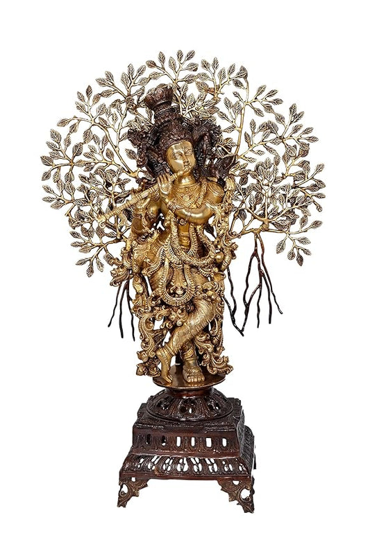 Brass Krishna Statue with Tree On Base Playing Flute for Home Decor Temple | Multicolor | Height : 34 Inches