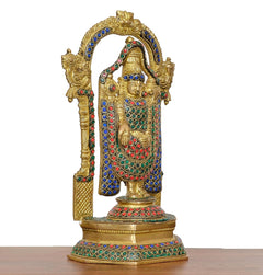 Side view Brass Lord Tirupati Bala Ji idol statue with jeweled blue-red drape