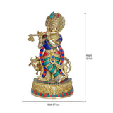 Brass Krishna with cow idol, height 12.5 in and width 6.7 in, ornate flute pose