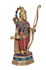 Gilded brass Ram idol with multicolor robe details, holding bow, profile view.