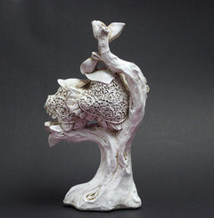 Resin owl couple decor, 6 in tall, standing owl holding an ornate nest with filigree