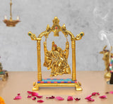 Golden Radha Krishna swing idol statue on ornate stand, 7-inch