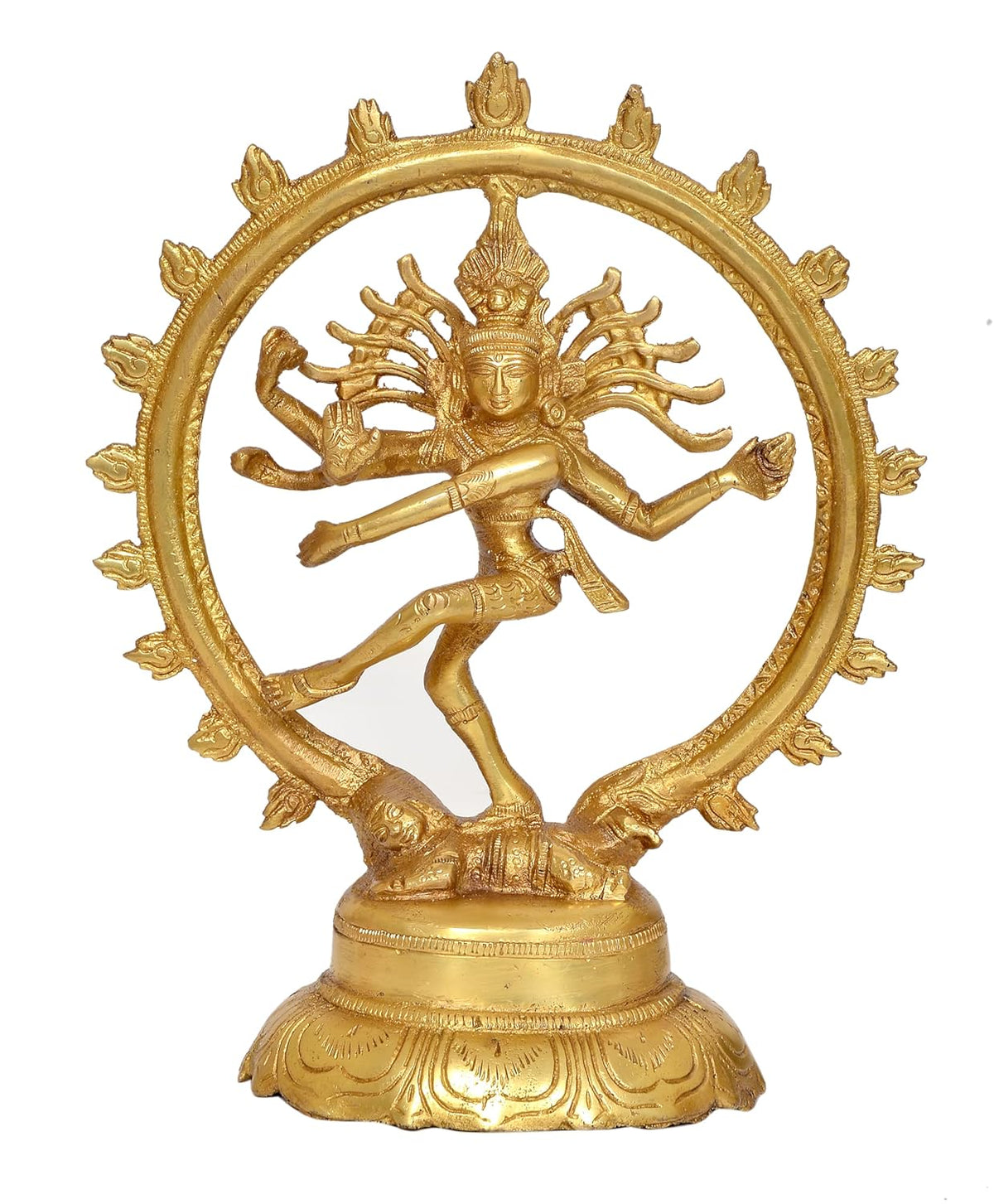 Brass Nataraj Lord Shiva dancing statue with circular halo on pedestal, front view
