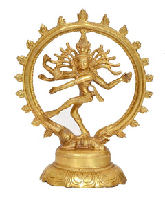 Brass Nataraj Lord Shiva dancing statue with circular halo on pedestal, front view