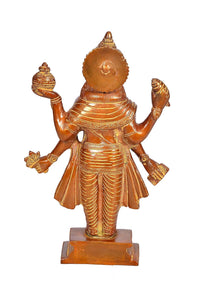Dhanvantari brass statue, rear view, holding small urns and herbs (10 in)