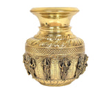 Brass kalash showpiece with detailed engravings, deity figures on bulbous body