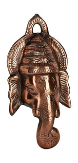 Copper-toned metal Lord Ganesha face wall hanging, detailed crown and ears
