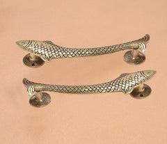 Golden brass fish door handles, matching long bars with circular mounting bases
