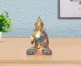 6 Inch Brass Buddha idol in Abhaya mudra, seated, multicolor inlaid robe
