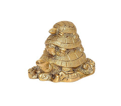 Brass turtle figurine with stacked shells and raised head, side view, 3-inch
