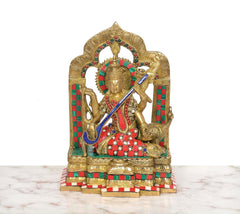 Brass Saraswati idol on throne, multicolor detailing, veena in hand