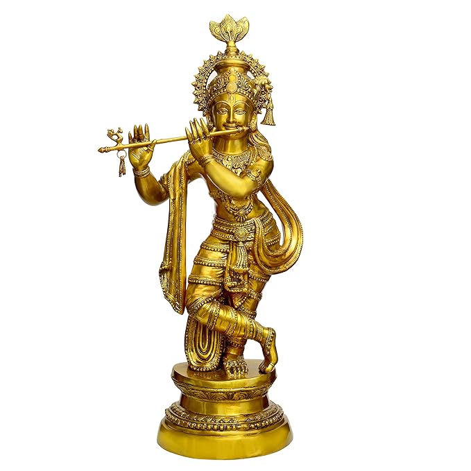 Brass Murlidhar Krishna statue, 37 in tall, holding flute and standing on pedestal