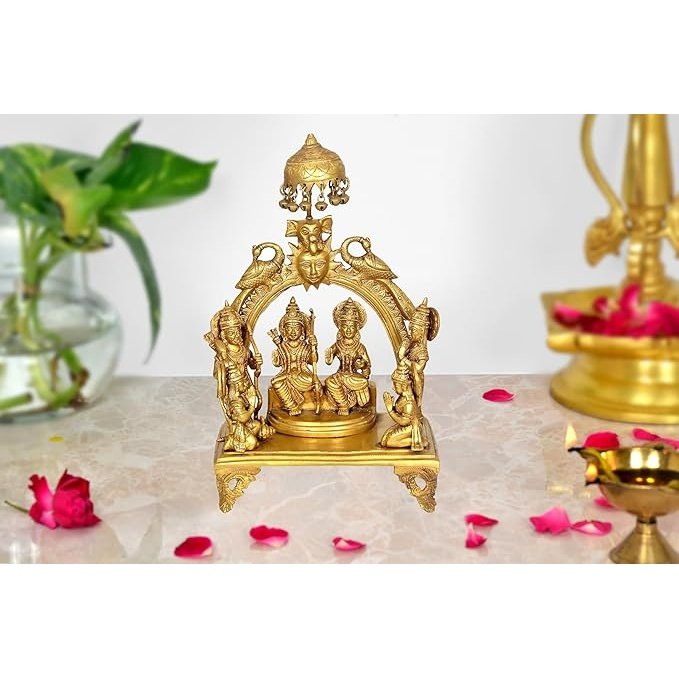 Brass Ram Darbar idol with chhatra, peacock, and singhasan on base