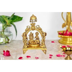 Brass Ram Darbar idol with chhatra, peacock, and singhasan on base