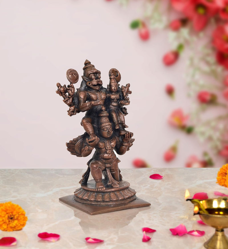 Copper Laxmi Narasimha Swamy on Garuda Laxmi Narashimar Statue for Home, Mandir Pooja Decor Idol (Height: 5 Inch)