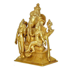 Gold brass Ganesha idol with Riddhi Siddhi, 7 inch, side angle