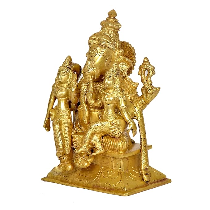 Brass Lord Ganesha with Riddhi Siddhi Idol Statue Murti, Height : 7 inch (Gold)