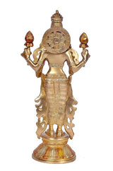 Brass Lakshmi statue from behind, detailed circular back ornament