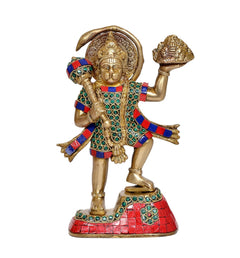Brass Hanuman JI idol statue, raised weapon hand and red base with green bead accents