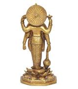 Back view brass four-armed Vishnu statue, circular halo, lotus base
