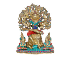 Dakshinamurti Shiva showpiece statue with four kneeling devotees, multicolor brass