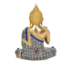 Rear/oblique view brass Buddha idol, Abhaya hand raised, blue robe with gold borders