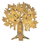 Brass Kalpavriksha tree with openwork gold branches and teal inlaid trunk
