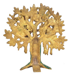 Brass Kalpavriksha tree with openwork gold branches and teal inlaid trunk