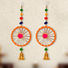 Rajasthani wall hanging toran set of 2 with orange striped wheel motifs, pom poms and bell charms