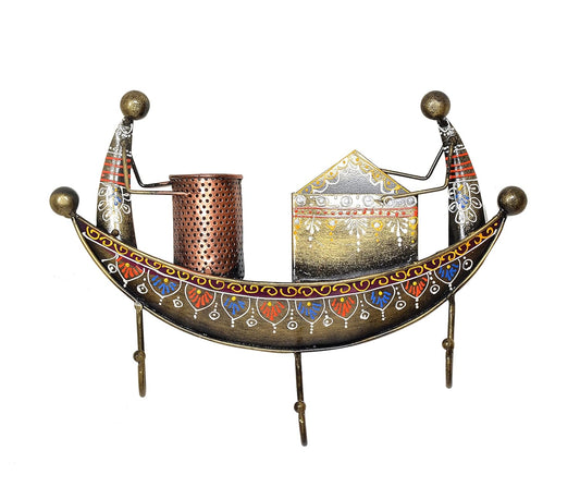 Iron Boat Multicolour Iron Key Holder and Pen Stand Wall Hanging for Home Decor (Height 9 Inch)