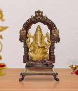 Brass Ganesha idol statue, seated Ganesh with ornate arch back, home or temple decor