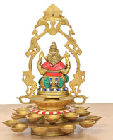 Brass Ganesh diya showpiece, front view with beaded details and 21 lamp bowls