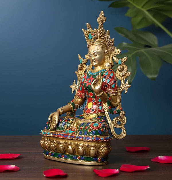 Brass Sitting Tara Devi Statue Tibetan Buddhist Deity (Height: 13 Inches) Study Setting